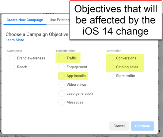 Facebook Ad objectives affected by the iOS change